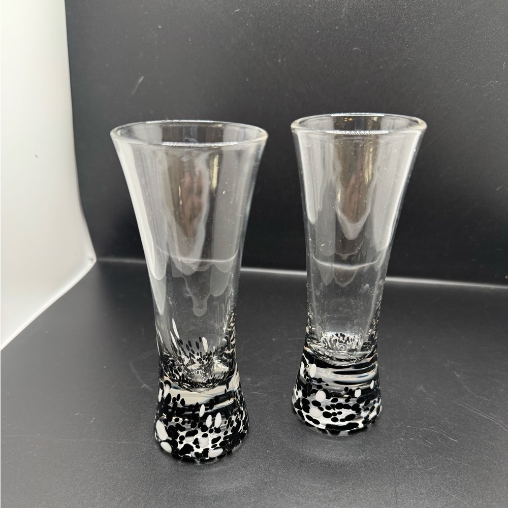Tequila Rose tall Hand blown Black & Clear Speckled Glass Shot Glasses Set of 2